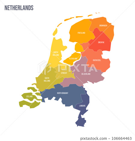 Netherlands political map of administrative divisions - provinces. Colorful spectrum political map with labels and country name. 106664463