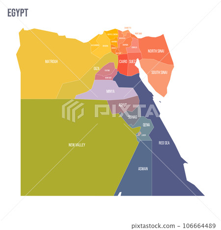 Egypt political map of administrative divisions - governorates. Colorful spectrum political map with labels and country name. 106664489