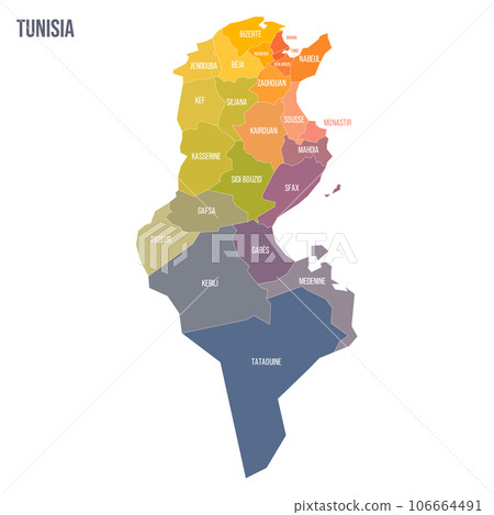 Tunisia political map of administrative divisions - governorates. Colorful spectrum political map with labels and country name. 106664491
