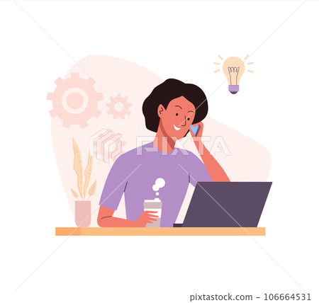 Woman working at the table with laptop talking on the phone Bright creative idea concept during coffee break 106664531