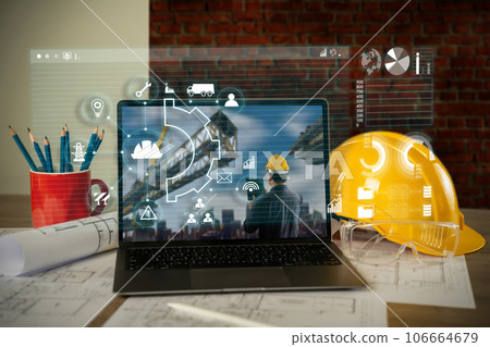 Engineer architect industry 4.0 using tablet construction site, industrial and innovation infographic at building futuristic architect control innovation safety design 106664679