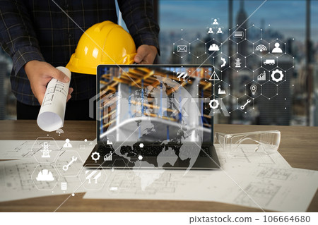 Engineer architect industry 4.0 using tablet construction site, industrial and innovation infographic at building futuristic architect control innovation safety design 106664680