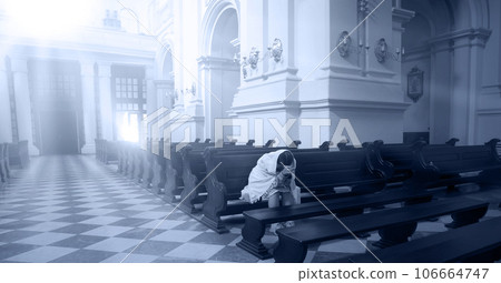 Girl sit on the bench in the church Girl sit on the bench in the church 106664747