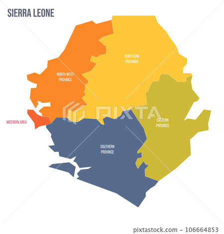 Sierra Leone political map of administrative divisions - provinces and one area. Colorful spectrum political map with labels and country name. 106664853