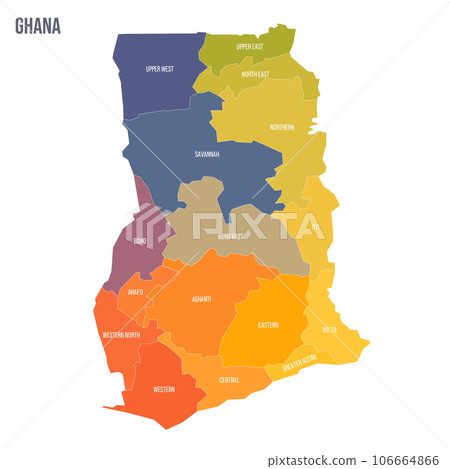 Ghana political map of administrative divisions - regions. Colorful spectrum political map with labels and country name. 106664866