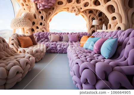 Retro style knitted cozy living room in pastel colors. Generative AI 106664905