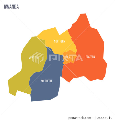 Rwanda political map of administrative divisions - provinces. Colorful spectrum political map with labels and country name. Rwanda political map of administrative divisions - provinces. Colorful spectrum political map with labels and country name. 106664919