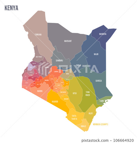 Kenya political map of administrative divisions - counties. Colorful spectrum political map with labels and country name. Kenya political map of administrative divisions - counties. Colorful spectrum political map with labels and country name. 106664920