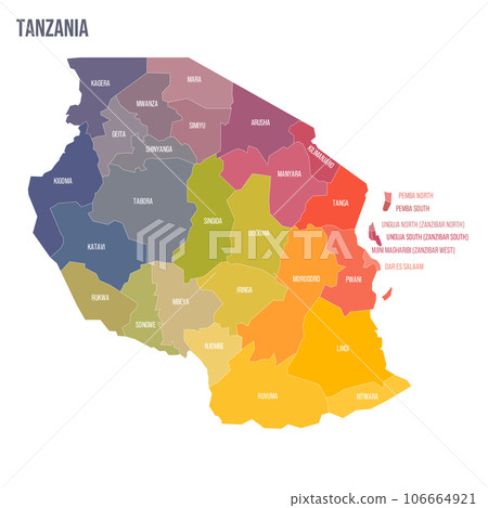 Tanzania political map of administrative divisions - regions. Colorful spectrum political map with labels and country name. Tanzania political map of administrative divisions - regions. Colorful spectrum political map with labels and country name. 106664921