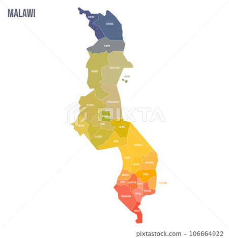 Malawi political map of administrative divisions - districts. Colorful spectrum political map with labels and country name. Malawi political map of administrative divisions - districts. Colorful spectrum political map with labels and country name. 106664922