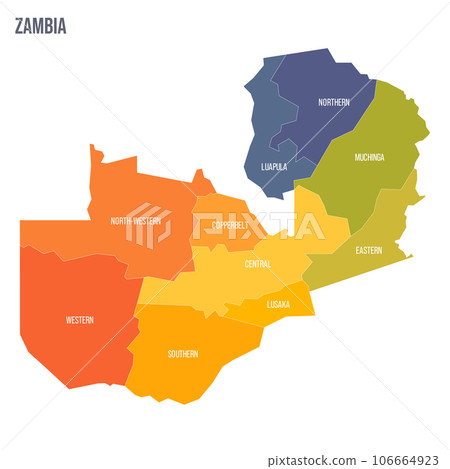 Zambia political map of administrative divisions - provinces. Colorful spectrum political map with labels and country name. Zambia political map of administrative divisions - provinces. Colorful spectrum political map with labels and country name. 106664923