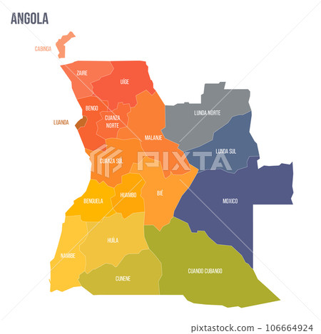 Angola political map of administrative divisions - provinces. Colorful spectrum political map with labels and country name. Angola political map of administrative divisions - provinces. Colorful spectrum political map with labels and country name. 106664924