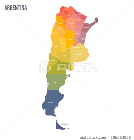 Argentina political map of administrative divisions - provinces and autonomous city of Buenos Aires. Colorful spectrum political map with labels and country name. Argentina political map of administrative divisions - provinces and autonomous city of Buenos Aires. Colorful spectrum political map with labels and country name. 106664936