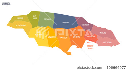 Jamaica political map of administrative divisions - parishes. Colorful spectrum political map with labels and country name. Jamaica political map of administrative divisions - parishes. Colorful spectrum political map with labels and country name. 106664977
