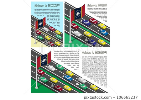 Isometric flag of US state of Mississippi on flagpole fluttering in wind. Crossing of Mississippi border by car travels. Set of information horizontal, square and vertical vector banner Isometric flag of US state of Mississippi on flagpole fluttering in wind. Crossing of Mississippi border by car travels. Set of information horizontal, square and vertical vector banner 106665237