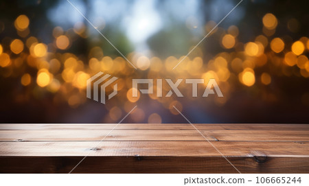 wooden table for placing products with a beautiful night restaurant backdrop, Space for placing items on the table, product and food display 106665244
