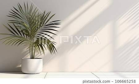 Minimalistic light background with blurred foliage shadow on a white wall. Beautiful background for presentation with with smooth floor 106665258