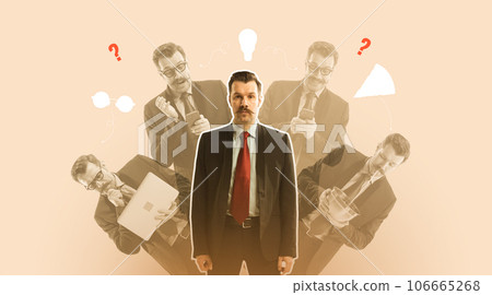 Businessman working on new projects and startup. Deadlines, overworking and motivation. Contemporary art collage. Businessman working on new projects and startup. Deadlines, overworking and motivation. Contemporary art collage. 106665268