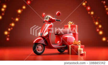 Red scooter with gift boxes on red background. 3D rendering 106665342