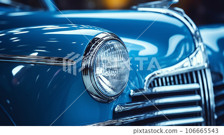 A close-up of the front headlight. Front view of a blue luxury retro car. Old School blue car headlight A close-up of the front headlight. Front view of a blue luxury retro car. Old School blue car headlight 106665543