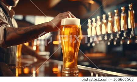 Craft beer poured into a pint glass. Hand of bartender pouring a large lager beer in tap 106665563