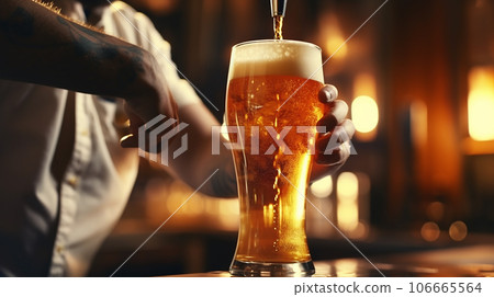 Craft beer poured into a pint glass. Hand of bartender pouring a large lager beer in tap 106665564