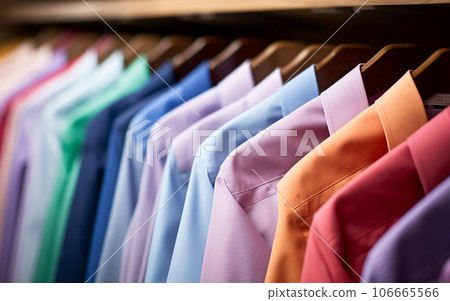 Shirts hanging neatly on hangers 106665566