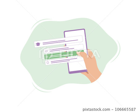 Online Exam with mobile phone app concept. Internet Surveys and Quiz. E-Learning and Distant Education Experience. Vector illustration isolated on white background with icons 106665587
