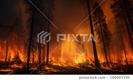 Intense flames from a massive forest fire. Flames light up the night 106665595