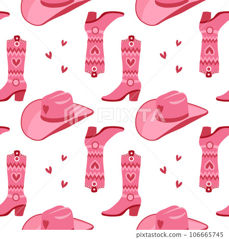 Cute pink seamless pattern with retro cowgirl hats and cowboy boots. Background, print for girls. Vector 106665745