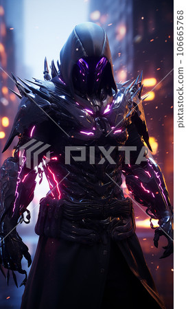 Close-up portrait of a futuristic robot with neon lights. The concept of the future.Cyber samurai 106665768