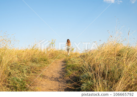 A little 5 or 6 years old girl walks in a summer field of feather grass, a place for text. Carefree happy childhood. A little 5 or 6 years old girl walks in a summer field of feather grass, a place for text. Carefree happy childhood. 106665792