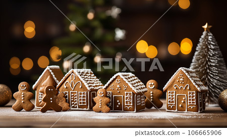 Gingerbread house, concept holiday of Christmas and Happy new year. Defocused lights of Christmas tree Gingerbread house, concept holiday of Christmas and Happy new year. Defocused lights of Christmas tree 106665906