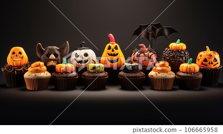 Halloween cupcakes with funny monsters and pumpkins on dark background 106665958