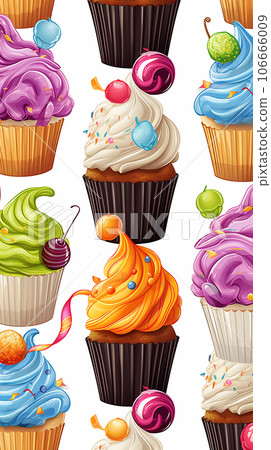 Seamless pattern with cupcakes and cherry on white background illustration 106666009