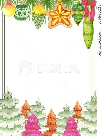 Hand drawn watercolor christmas ball and fir tree postcard isolated on white background. Can be used for poster, greeting, invitation and other printed products. Hand drawn watercolor christmas ball and fir tree postcard isolated on white background. Can be used for poster, greeting, invitation and other printed products. 106666225