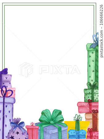 Hand drawn watercolor christmas presents postcard isolated on white background. Can be used for poster, greeting, invitation and other printed products. Hand drawn watercolor christmas presents postcard isolated on white background. Can be used for poster, greeting, invitation and other printed products. 106666226