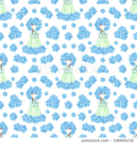 Hand drawn watercolor korean girl in hanbok with hydrangea flowers seamless pattern on white background. Can be used for textile, fabric, gift-wrapping and other printed products. Hand drawn watercolor korean girl in hanbok with hydrangea flowers seamless pattern on white background. Can be used for textile, fabric, gift-wrapping and other printed products. 106666236