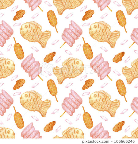 Hand drawn watercolor korean street food seamless pattern isolated on white background. Can be used for textile, fabric and other printed products. Hand drawn watercolor korean street food seamless pattern isolated on white background. Can be used for textile, fabric and other printed products. 106666246