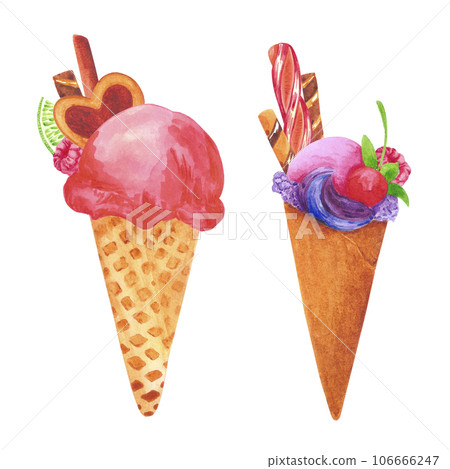 Hand drawn watercolor icecream and popsicle set isolated on white background. Can be used for cards, label, banner and other printed products. 106666247