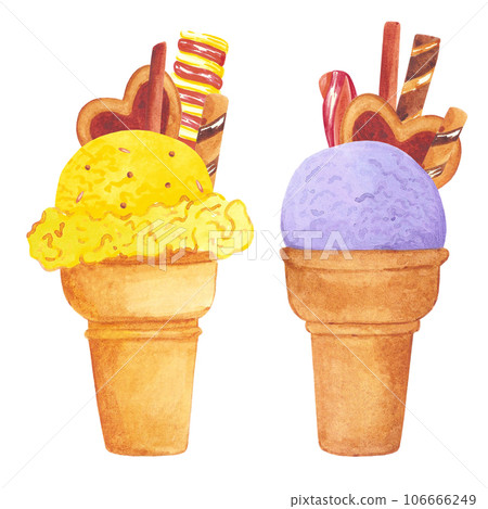 Hand drawn watercolor icecream and popsicle set isolated on white background. Can be used for cards, label, banner and other printed products. 106666249