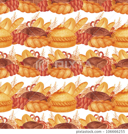 Hand drawn watercolor bakery seamless pattern. Isolated on white background. Can be used for Scrapbook, textile, gift-wrapping, banner and any printed products. 106666255