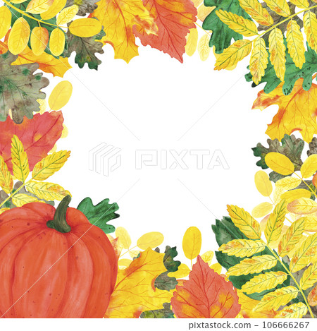 Hand drawn watercolor autumn leaves pumpkin frame boarder on white background. Can be used for invitation, Scrapbook, poster, label, banner. Hand drawn watercolor autumn leaves pumpkin frame boarder on white background. Can be used for invitation, Scrapbook, poster, label, banner. 106666267