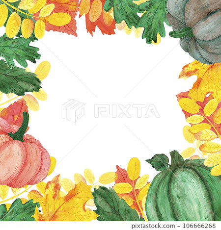 Hand drawn watercolor autumn leaves pumpkin frame boarder on white background. Can be used for invitation, Scrapbook, poster, label, banner. 106666268