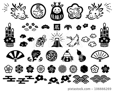 Hand-drawn style dragon face and Japanese style stamp icon set Hand-drawn style dragon face and Japanese style stamp icon set 106666269