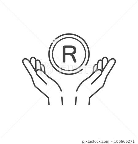 A simple coin with the letter R and a human hand icon - an image of South African money and rand 106666271