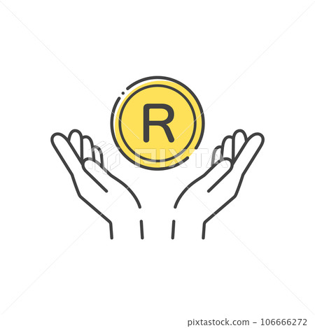 A simple coin with the letter R and a human hand icon - an image of South African money and rand 106666272
