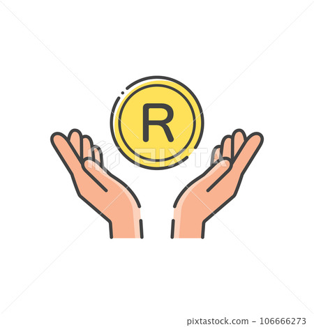 A simple coin with the letter R and a human hand icon - an image of South African money and rand 106666273