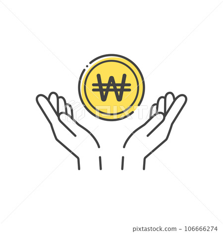 A simple coin with the letter ₩ and a human hand icon- the image of Korean money, won, 원, and won 106666274