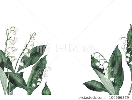 Watercolor banner with spring lilies of the valley branches. Illustration isolated, white backgraund. Design for printing postcards, invitations to weddings, birthdays, spring and summer holidays 106666279